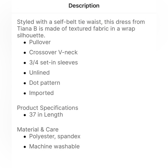 NWT—Tiana B.—Navy w/white polka dot Wrap Dress; Size: L (size chart in pics) - Picture 7 of 8